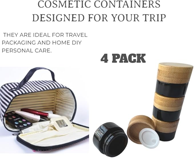 Empty Refillable Glass Cosmetic Jar 4 Pack 5g/0.17oz with Bamboo Lids,Skin Care Travel Containers Pot Vial Holder Sample Storage for Eye Cream Lotion Ointments Lip Balm Brown