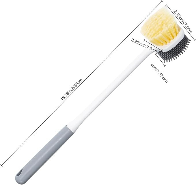 Foot Brush for Shower, Toe Scrubber Brush Long Handle 13.78”, 2 in 1 Silicone and Soft Bristle Brushes for Toe Gap Cleansing and Scrubbing, Skin Exfoliation, Seniors, Adults, Grey