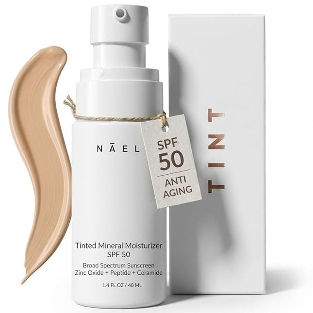 NAELI Anti Aging Tinted Moisturizer SPF 50, Mineral Sunscreen for Face with Zinc Oxide, Peptides & Ceramides, Natural Hydrating Universal Tint - 1.4 oz