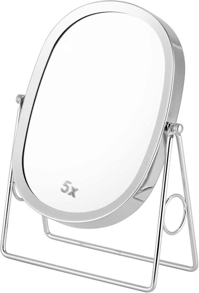 JOYOEIKON Classic Dual Sided 5X and 1X Magnifying Makeup Mirror and Tabletop Standing 360° Rotation Vanity Mirror,Desktop Cosmetic Mirror (Chrome)