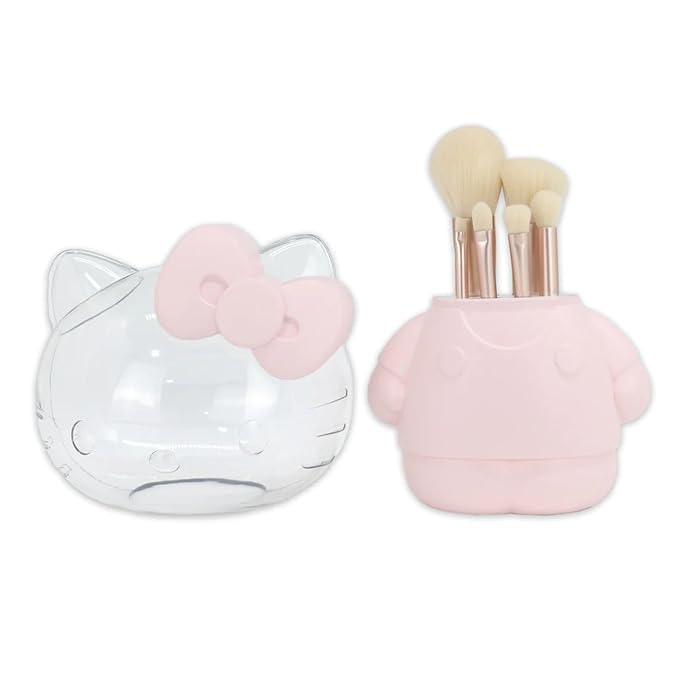 Impressions Vanity Hello Kitty 6 PCs Makeup Brush Set with Clear Cloche, Super Soft Brushes for Foundation, Face Powder, Blending, Eye Shadow, and Liner with Cute 3D Holder Organizer