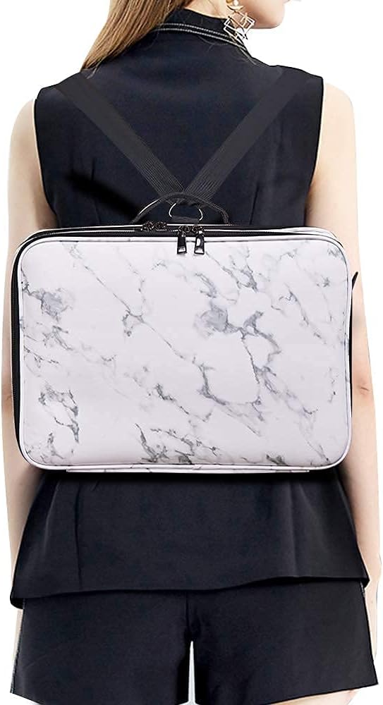 Travel Makeup Bag 3 Layers PU Leather Large Makeup Train Case Professional Cosmetic Bag Organizer Storage Artist Bag with Adjustable Strap Marble Pattern