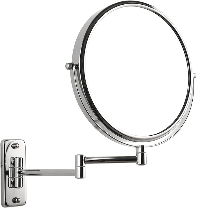 8” Wall Mounted Makeup Mirror - 1X/10X Double Sided Magnifying Bathroom Mirror, 360° Swivel Extendable Vanity Shaving Mirror with Adjustable Arm for Bathroom, Chrome（No Light）