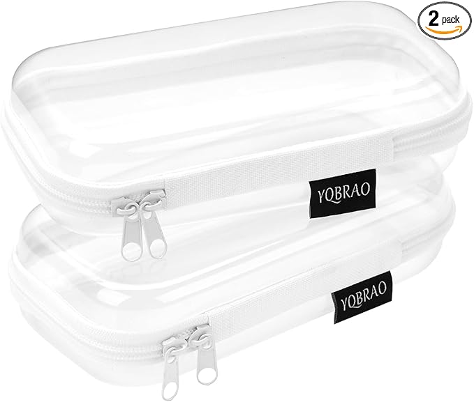 Set of 2 - Hard Sided Clear Zipper Case for Storage - Professional-Grade Plastic Hard Shell Zippered Organizers, Cosmetic Bag, Snack Bins