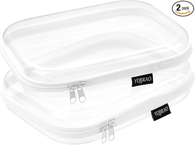 Hard Sided Clear Zipper Case for Storage- Professional-Grade Plastic Clear Zipper Pencil Case,Toy Storage Bins, Toiletry Pouch, Travel Organizer, Cosmetic Bag（White,2 Pack, M）