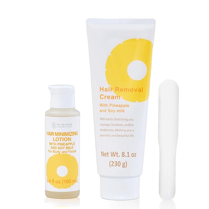 Hair Removal Cream (8.1 OZ / 230g) and Hair Minimizing Lotion (3.52 FL. OZ / 100mL) with Pineapple and Soymilk for Sensitive Skin, Made in Japan