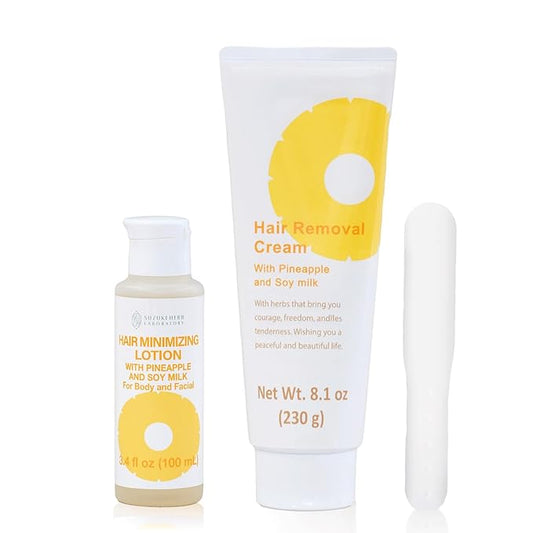 Hair Removal Cream (8.1 OZ / 230g) and Hair Minimizing Lotion (3.52 FL. OZ / 100mL) with Pineapple and Soymilk for Sensitive Skin, Made in Japan