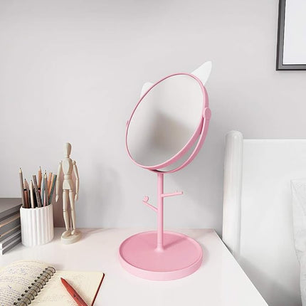 Desk Mirror in Cute Cat Ears Shape-Kawaii &Vanity Mirror for You in Bathroom or Bedroom- Pink