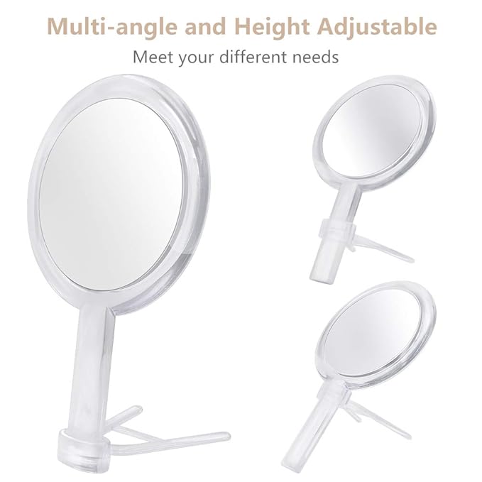 1X & 10X Magnifying Double Side Hand Makeup Mirror with Stand, Handheld Vanity Mirror, Clear