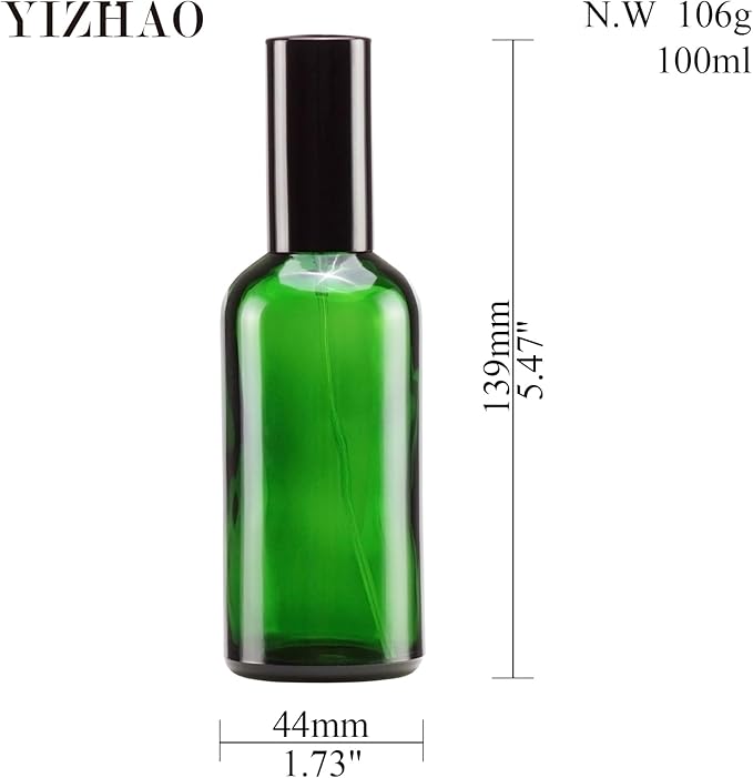 YIZHAO Green Glass Spray Bottles 4oz, with Small Fine Mist Spray, Metal Cap, Refillable for Essential Oil,Travel,Cleaning,Perfume,Aromatherapy,Makeup – 4 Pcs