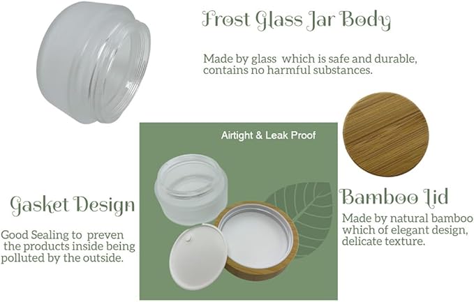 Empty Refillable Frosted Glass Cosmetic Cream Jar 4 Pack 3.3 OZ/100g with Bamboo Lids,Skin Care Travel Containers Pot for Clay Masks,Butter,Body Scrub,Lip Balm, Ointments, Lotion Frost