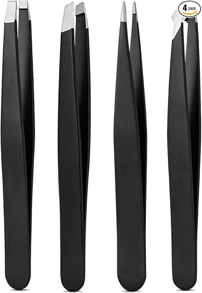 Tweezers Set, High Precision Stainless Steel Eyebrow Tweezers for Facial Hair, Inward Growing Hair and Splinter Remover Kit, Suitable for Women and Men, 4-Piece Set. (Black)