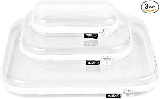 Hard Sided Clear Zipper Case for Storage- Professional-Grade Plastic Clear Zipper Pencil Case,Toy Storage Bins, Toiletry Pouch, Travel Organizer, Cosmetic Bag（White,3 Pack, LMS）