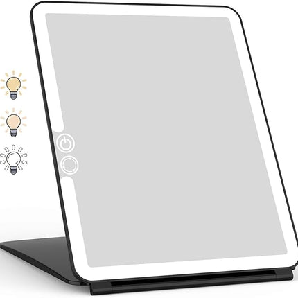 WEILY Portable Travel Mirror Makeup Mirror with 72 LED Lights, Touch Screen Three Colors Dimmable,Ultra Thin, 2000 mAh USB Rechargeable Foldable Cosmetic Mirror（Black）