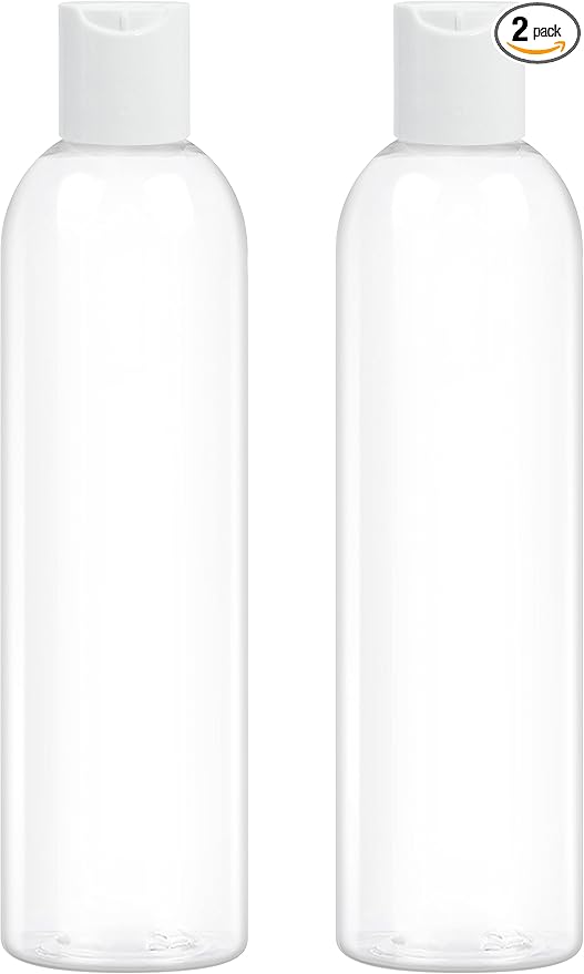 2 Pack 8 oz Clear Plastic Bottles with White Disc Caps Refillable Empty Squeeze Containers Cosmetic Bottles for Toiletries Conditioner Shampoo Lotions Gels