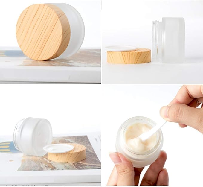 10 Packs 15ml/15g Empty Sample Jars Frosted Glass Cream Jar Bottle with Wood Grain Lid Cosmetic Containers Glass Cream Box Refillable Glass Cream Jar Pot for Makeup Lotion Face Eyeshadow