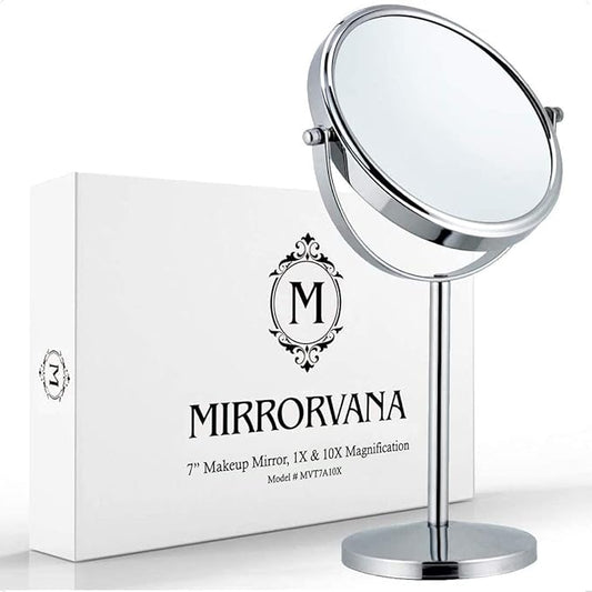 10X Magnifying Makeup Mirror on Round Stand for Tabletop, Bedroom Vanity Desk and Bathroom Counter - Free Standing Double Sided 10X/1X Magnification Mirror - 7" Wide and 14" Tall (Chrome)