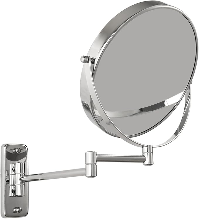 8” Wall Mounted Makeup Mirror - 1X/10X Double Sided Magnifying Bathroom Mirror, 360° Swivel Extendable Vanity Shaving Mirror with Adjustable Arm for Bathroom, Chrome（No Light）