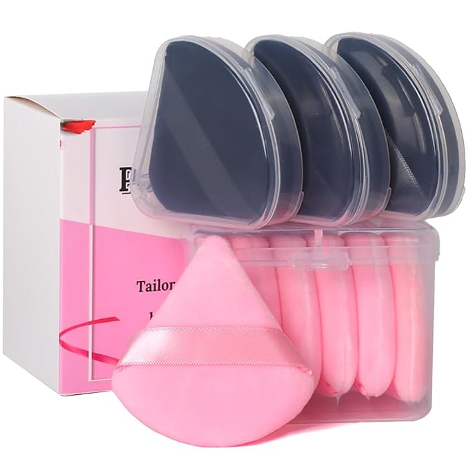 Ocim 10Pcs Powder Puffs for Face Powder,Soft Velour Triangle Beauty Puff,Makeup Pressed,Baking & Setting Powder Sponge Applicator Pads with Case,Black&Pink