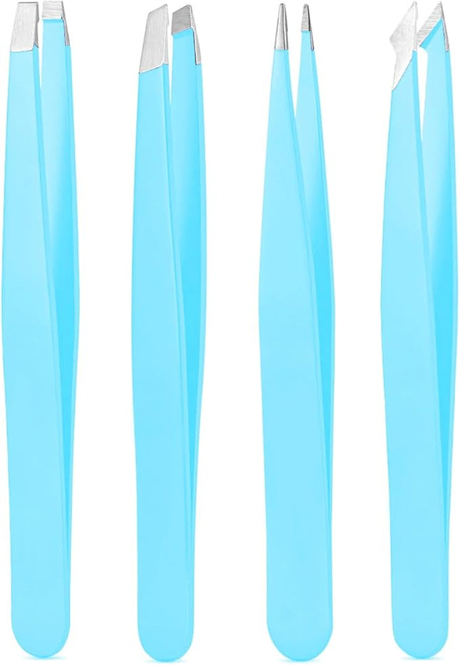 Tweezers Set, High Precision Stainless Steel Eyebrow Tweezers for Facial Hair, Inward Growing Hair and Splinter Remover Kit, Suitable for Women and Men, Pink and Black 4-Piece Set. (Blue)