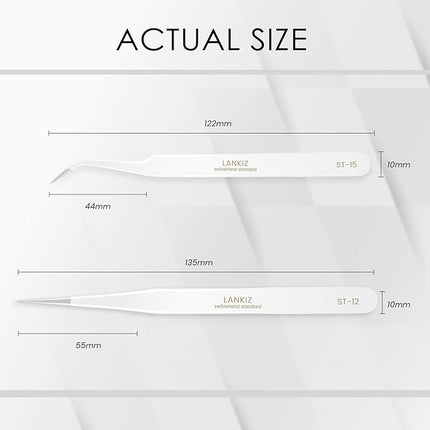 LANKIZ Eyelash Extension Tweezers Stainless Steel Straight and Curved Volume Lash Tweezers Set of 2 for Professional Eyelash Extension Application -White pinzas para pestaas pelo a pelo