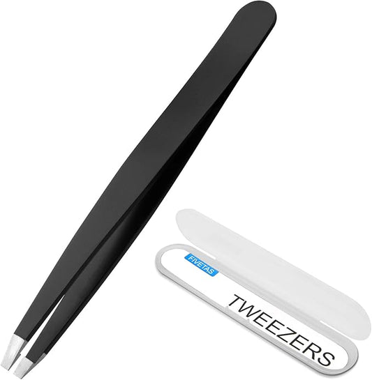 Stainless Steel Tweezers for Eyebrows-Flat Tweezer with Case for Women&Man,Great Precision on Brow,Facial Hair and Ingrown Hair Removal(Black)