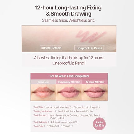Heart Percent Dote On Mood Lineproof Lip Pencil, 12hr Long-Lasting Moderately Pigmented Creamy OverLip Crayon Waterproof Smooth Retractable Vegan Lip Liner Pencil 0.8g, #03. Rose Cotton