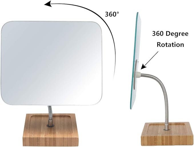 YEAKE Flexible Gooseneck Bamboo Vanity Makeup Mirror,360°Rotation 8" Large Frameless, Folding Portable Table Desk Mirror with Stand for Bathroom Shaving Make Up, Rectangle