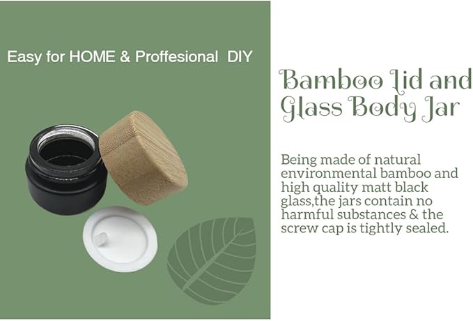 Empty Refillable Matt Black Glass Cosmetic Cream Jar 4 Pack 0.17 OZ/5g with Bamboo Lids,Skin Care Travel Frost Containers Pot for Eye Cream Lotion Ointments Lip Balm