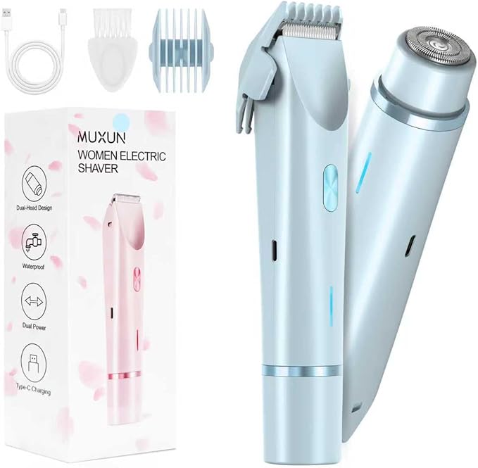 Bikini Trimmer for Women-2 in 1 Dual Head Electric Razors,USB Rechargeable Bikini Electric Shaver,IPX7 Waterproof Dry & Wet Use Body Hair Trimmer and Facial Hair Remover for Underarm Leg Body,Blue