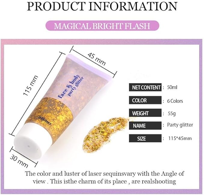 White Face Glitter,Sparkling Neon Outfit Party Holographic Sequins Paint Body Glitter Gel Makeup.(06# White Moonbeam)