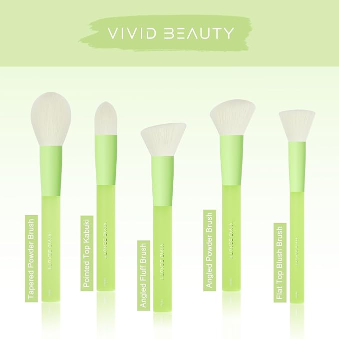 5pcs Green Face Makeup Brushes – Soft Synthetic Bristle Powder, Bronzer, Blush Brush Set – Comfortable Non-Slip Rubber Handles – Cruelty-Free Make up Tools – Perfect for Blending, Contouring & More