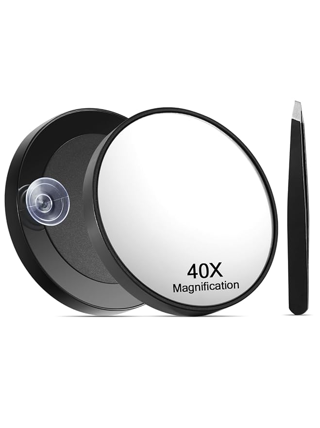 40X Magnifying Mirror with Suction Cups and Tweezers Set, 3.5 inches Magnified Makeup Mirror, Black, 1PC