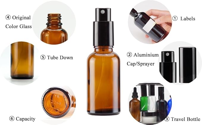 YIZHAO Amber Glass Spray Bottles 1oz, with Small Fine Mist Spray, Metal Cap, Refillable for Essential Oil,Travel,Cleaning,Perfume,Aromatherapy,Makeup – 6 Pcs