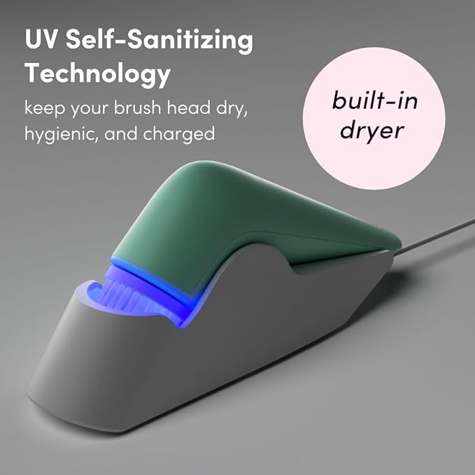 Fancii Facial Cleansing Brush with Self Cleaning Station, Rechargeable & Waterproof - Electric Face Scrubber for Gentle Exfoliation and Deep Scrubbing - 2 Exfoliating Brush Heads, Skylar (Green)