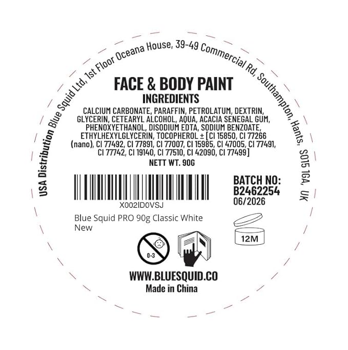 Blue Squid PRO Face Paint - Professional Water Based Single Cake Facepaint & Body Paints - SFX Makeup, Kids Adults Face Painting for Costume, Halloween, Cosplay - Classic White 90g / 3oz