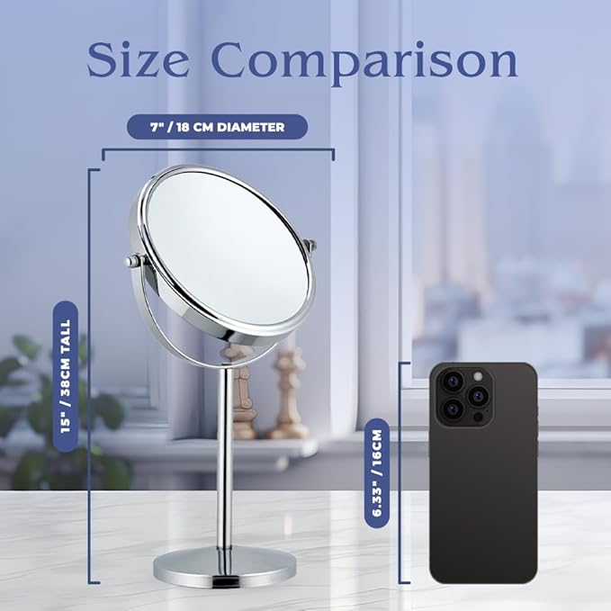 10X Magnifying Makeup Mirror on Round Stand for Tabletop, Bedroom Vanity Desk and Bathroom Counter - Free Standing Double Sided 10X/1X Magnification Mirror - 7" Wide and 14" Tall (Chrome)