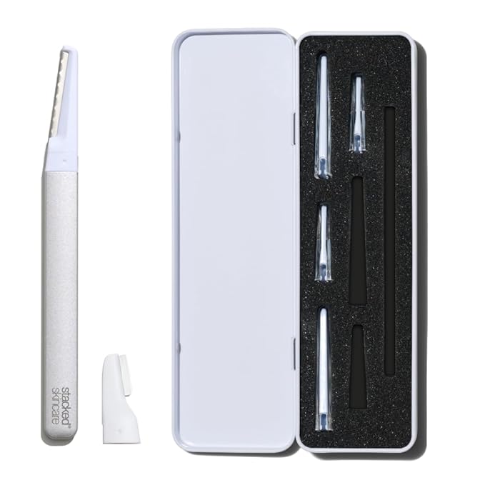 StackedSkincare Dermaplaning Kit for Face - At Home Dermaplaning Tool with Comfort Handle, 3 Replaceable Blades + 3 Precision Blades - Exfoliates, Removes Peach Fuzz, Softens Skin, 7 Count