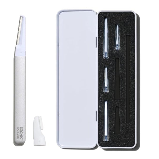 StackedSkincare Dermaplaning Kit for Face - At Home Dermaplaning Tool with Comfort Handle, 3 Replaceable Blades + 3 Precision Blades - Exfoliates, Removes Peach Fuzz, Softens Skin, 7 Count