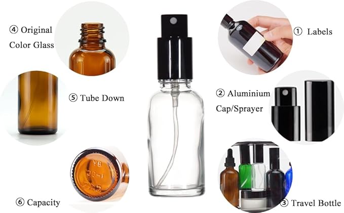 YIZHAO Clear Glass Spray Bottles 1oz, with Small Fine Mist Spray, Metal Cap, Refillable for Essential Oil,Travel,Cleaning,Perfume,Aromatherapy,Makeup – 12 Pcs