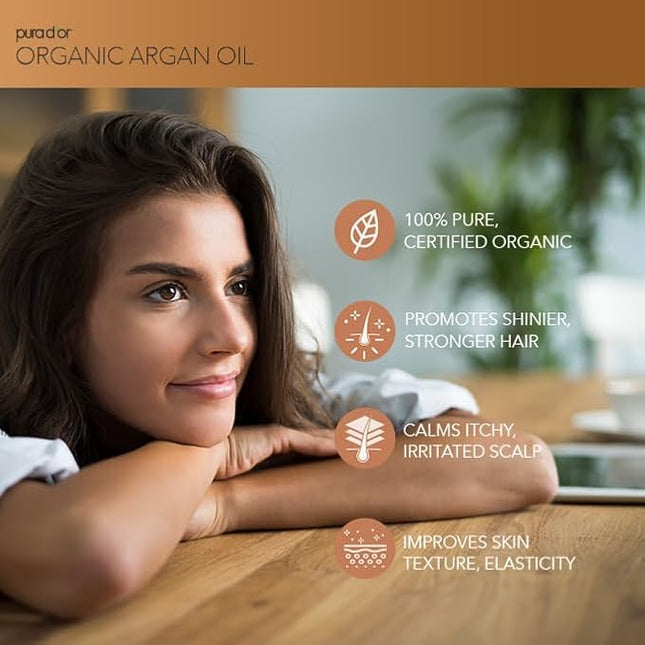 PURA D'OR 4 Oz Organic Moroccan Argan Oil – 100% Pure Cold-Pressed Virgin Grade – Lightweight Moisturizer for Skin, Face, Body & Hair – Helps Dry Skin, Scalp Care, Split Ends, Nails & Cuticles