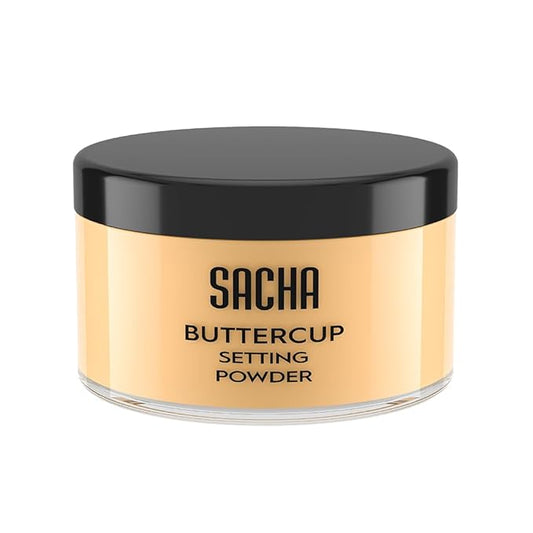 Sacha BUTTERCUP Setting Powder. No Ashy Flashback. Blurs Fine Lines and Pores. Loose, Translucent Face Powder to Set Makeup Foundation or Concealer. For Medium to Dark Skin Tones, 1.75 oz.
