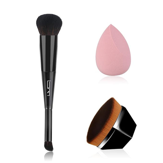 S50 3-Piece Makeup Brush and Sponge Set for Flawless Application - Includes Foundation Brush, Blending Sponge, and Dual End Kabuki&Concealer Brush