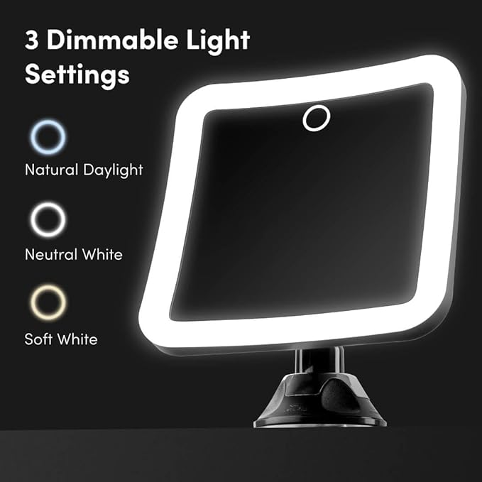Fancii Rechargeable 10x Magnifying Mirror with 3 LED Light Settings, Dimmable Touch Light, Cordless, Locking Suction Mount, Lighted Mirror for Bathroom or Travel, Mira 2 (Black)