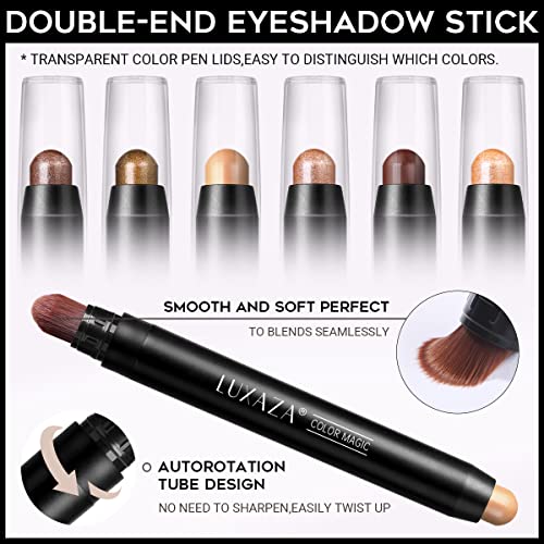 6 PCS Brown Neutral Metallic Eyeshadow Stick, Light to Dark Brown Cream Shimmer Pencil Crayon, Pro Waterproof & Long Lasting Starter Sets