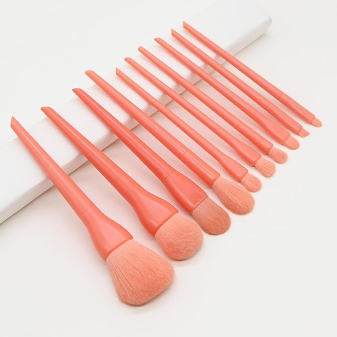 Makeup Brushes Shiny Green 10 Pcs, Powder Brush, Foundation Brush, Blush Brush, Highlighting Brush, Eyeshadow Brushes (Salmon Pink)