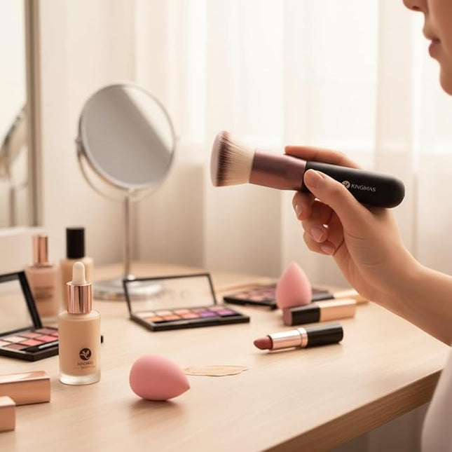 KINGMAS Angled Top Foundation Brush, Premium Kabuki Makeup Brush for Liquid, Blending, Cream, Powder,Blush Buffing Stippling Face Makeup Tools Black