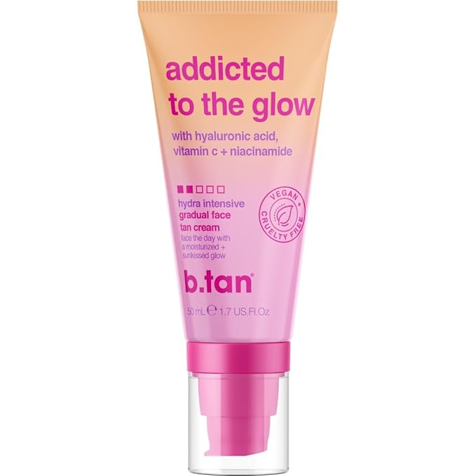 b.tan Gradual Self Tan Face Lotion | Addicted to the Glow - Daily Faical Tanning Cream for a Sunkissed Dark Bronze, Best Sunless Moisturizer, Hydrating Vitamin C, Travel Size, No Fake Tanner Smell