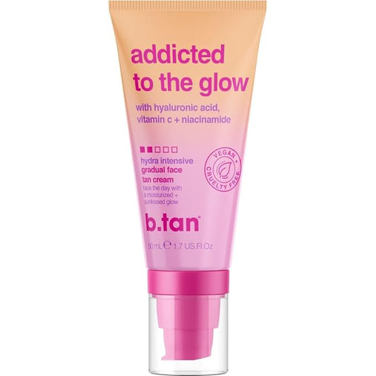 b.tan Gradual Self Tan Face Lotion | Addicted to the Glow - Daily Faical Tanning Cream for a Sunkissed Dark Bronze, Best Sunless Moisturizer, Hydrating Vitamin C, Travel Size, No Fake Tanner Smell