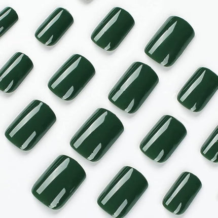 Dark Green Press on Nails Medium Square KXAMELIE Natural Acrylic Glue on Nails Coffin Nails Press ons Medium Short Gel Nails Reusable Fake Nails 2025 Trendy Solid Color False Nails 24Pcs